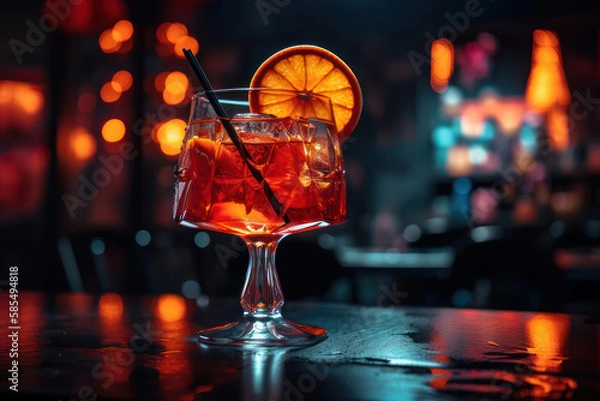 Fototapeta beautiful Red alcohol cocktail in with orange slice generative ai