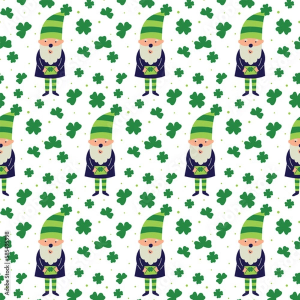 Fototapeta Saint Patrick's Day vector seamless pattern with green clover gnome leprechaun. Irish background for print, textile, wrapping paper, fabric