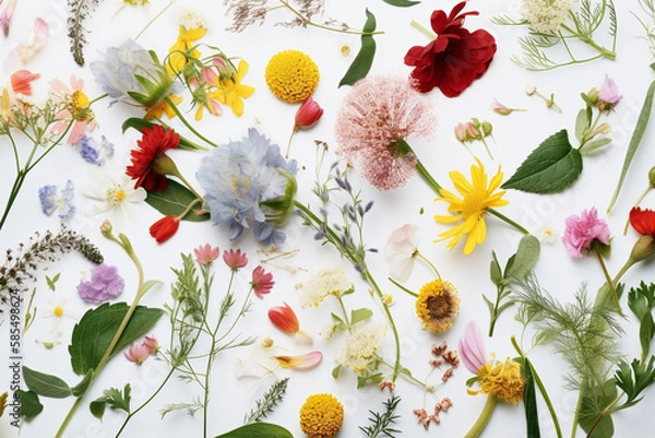 Fototapeta A Midsummer Table Topped with Lots of Different Types of Flowers, Herbs, Blossoms and Plants in a Colorful Wildflower Display