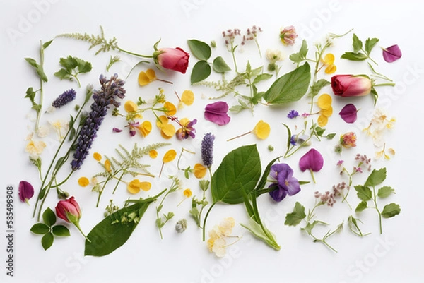 Obraz An Abundant Tabletop Garden of Wildflowers, Edible Flowers, Botanicals and Colorful Dried Flora.