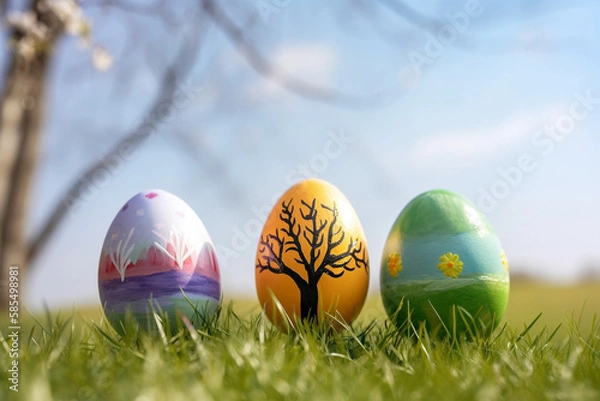 Obraz Three Easter Eggs Sitting in the Grass