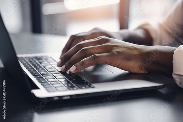 Obraz Typing on a Laptop at a Desk - A Close Up High Quality Image.