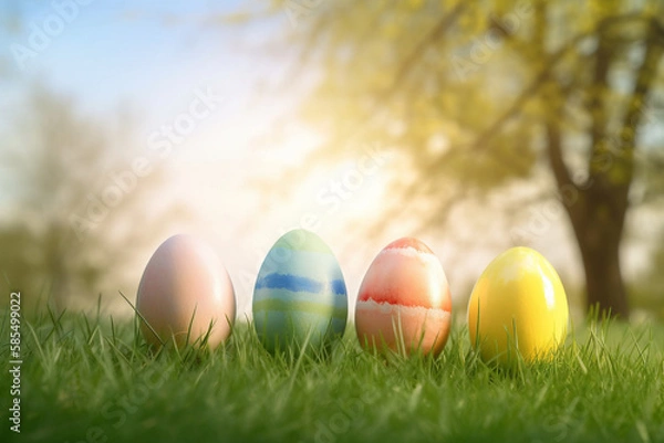 Fototapeta Group of Colorful Easter Eggs  on a Sunny Day, in the Sun During the Spring Season