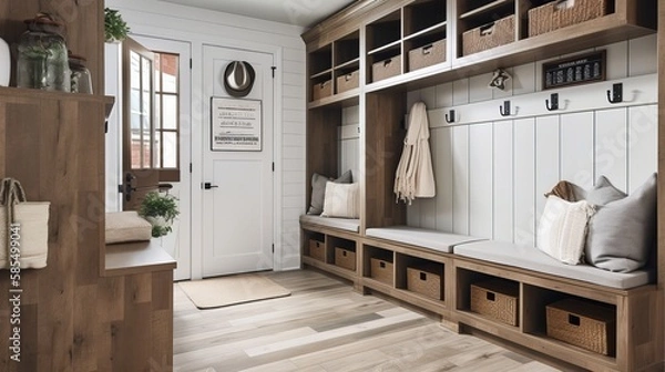 Fototapeta Rustic Chic Mudroom Oasis: A Spacious and Organized Entryway Solution
