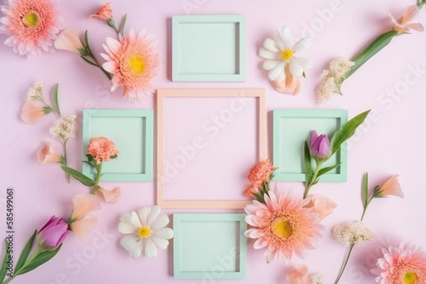 Fototapeta Picture Frame Surrounded by Flowers on a Soft Yet Vibrant Pastel Color Palette Background