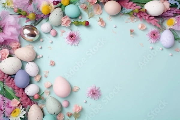Fototapeta Colorful Easter Eggs and Flowers on a Blue Background: A Mixed Art Pastel Hues Flatlay with Lots of Colorized Spring Vibes!