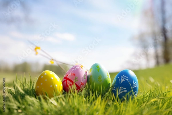 Obraz Easter Eggs Sitting on a Lush Green Field on a Sunny Day
