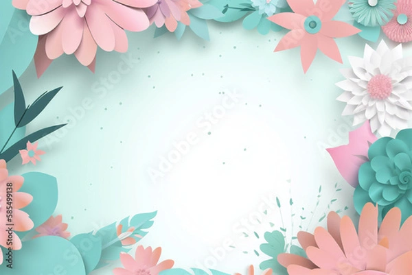 Fototapeta A Frame Made Out of Paper Flowers and Leaves Against a Pastel Flowery Background with Turquoise, Pink, and Green Colored Flowers.