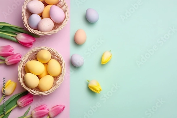 Fototapeta Easter Eggs and Tulips on a Pastel Palette: A Simple Composition in Vibrant Colors