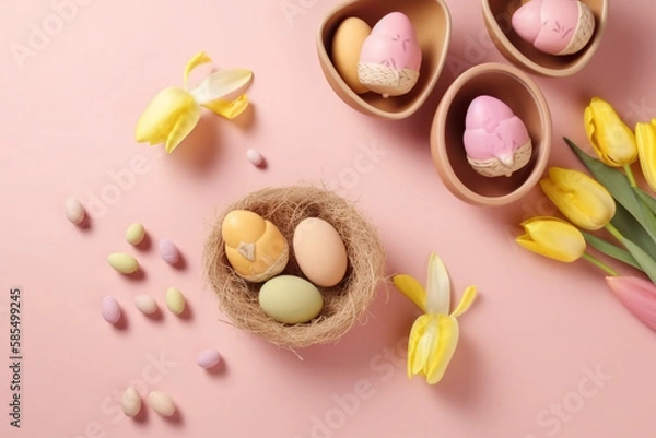 Fototapeta Easter Eggs and Yellow Tulips on a Pink Marzipan Surface Covered with Candy Decorations in Pastel Colors.