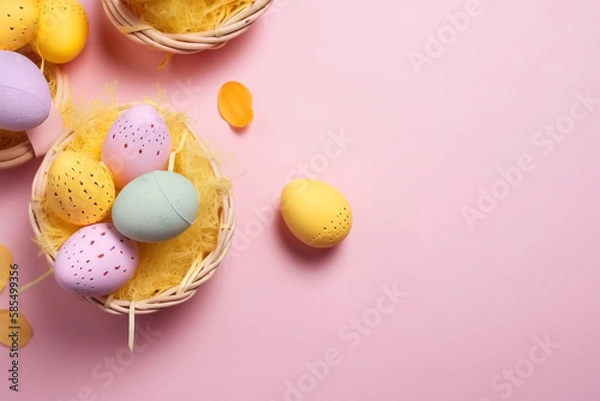 Obraz A Vibrant Pastel Easter Scene: A Basket Filled with Easter Eggs on a Pink Surface.