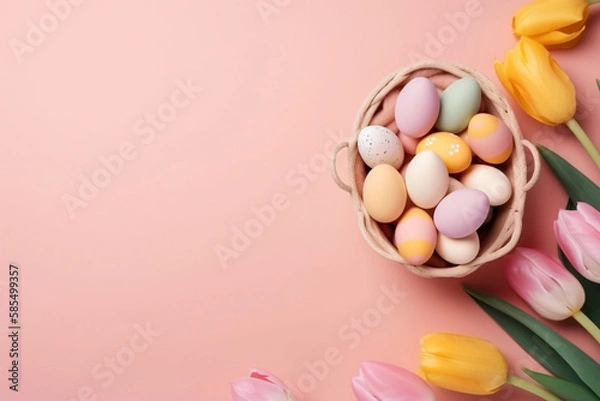 Fototapeta The Beauty of Easter: A Basket of Eggs and Tulips in a Vibrant Blend of Pastel Colors on a Pink Background