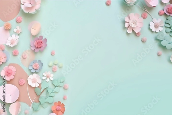Fototapeta Capturing the Splendor of Soft Pastel Colors in a Close-Up of Paper Flowers on a Blue Background