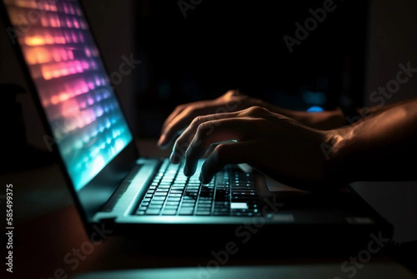 Obraz A Close-up of a Person Typing on a Laptop with Glowing Computer Screens and Holographic Keyboard, Sitting in Front of a Dark Background.