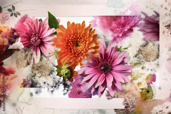 Fototapeta A Digital Collage of Colorful Flowers in a Picture Frame: A Floral Design with Brightly Colored Blossoms and Motifs Against a Colorized Background