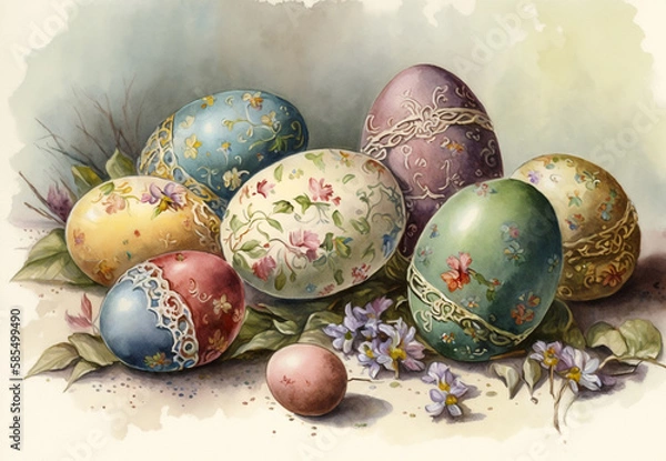 Obraz Easter eggs in a basket. A watercolor painting of a basket of easter eggs. Generative AI
