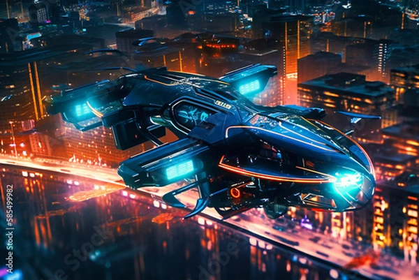 Fototapeta Gliding effortlessly above a city of tomorrow, the flying car soars through neon-lit skies, revolutionizing urban transportation and redefining freedom