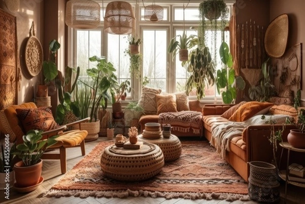 Fototapeta Boho living room with brown sofa and window cushions. Green houseplants in clay pots, plaid wicker basket, and floor mat inside. Generative AI