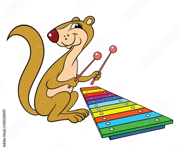 Fototapeta Cartoon animals. Vector color image isolated on white. Cartoon Xerus plays a colored xylophone. Xerus is a funny musician.