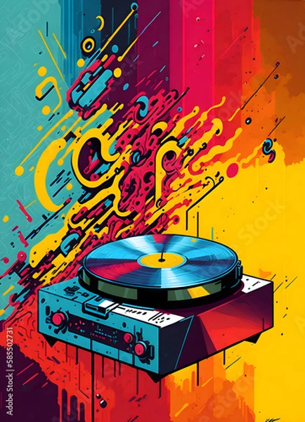 Obraz graffiti illustration of vintage record player hip hop style - created with Generative AI
