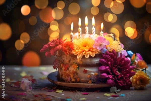 Fototapeta birthday cake with flowers. Generative AI image.