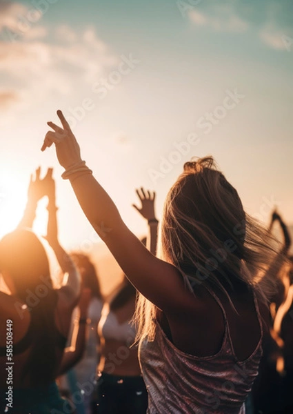 Obraz Beach party with happy people celebrating in the summer sun. AI generated