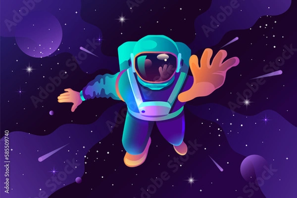 Obraz The astronaut waves his hand. Welcome gesture. Space, planets and stars. Gradient design. Vector modern illustration.