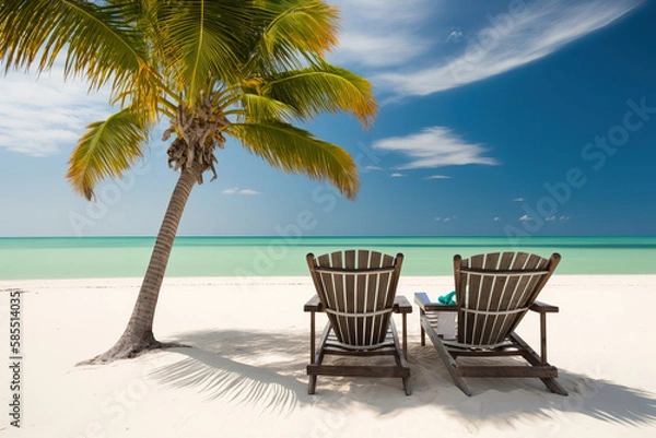 Fototapeta a couple of lounge chairs sitting on top of a sandy beach, palm trees on the beach, generative ai illustration 