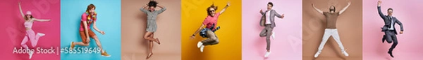 Obraz Collage of excited young people jumping against colorful backgrounds