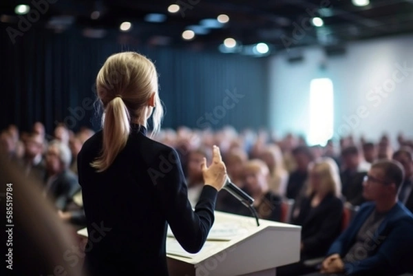 Fototapeta Speaker giving a presentation in the hall at university workshop. Audience or conference hall. Rear view of unrecognized participants in the audience. Scientific conference event. Generative AI