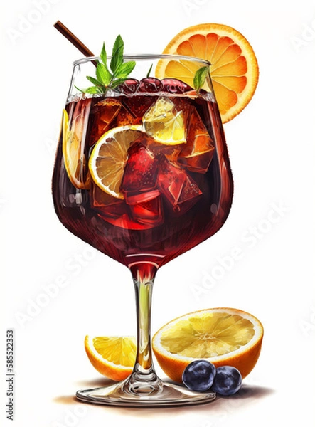 Obraz Spanish sangria in a glass. Red wine with lemons and oranges, Generative AI