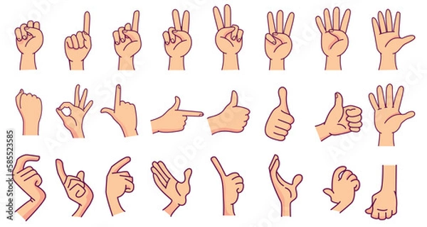 Fototapeta Cartoon white human hand . Hands show signs. Different hand positions. Isolated on gray background. Vector icon set ..eps
