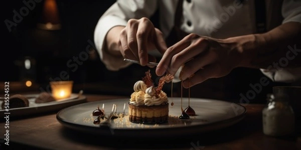 Fototapeta Artistic dessert plating by a creative chef with striking volumetric lighting, generative ai