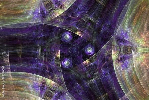 Fototapeta Purple orange pattern of curved waves and shapes on a black background. Abstract fractal 3D rendering