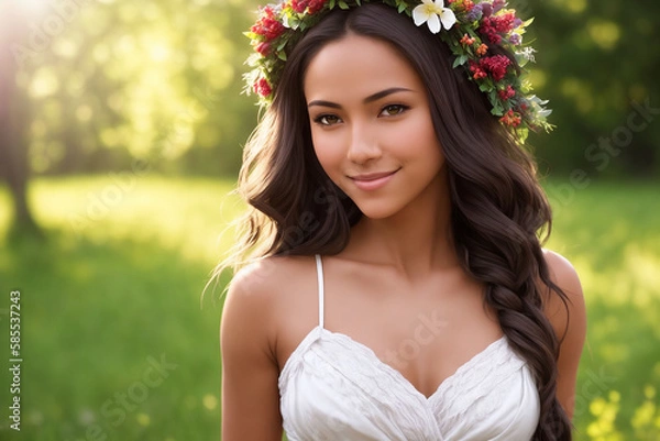 Fototapeta Portrait of a beautiful woman in summer clothes with a flower wreath on her head against the backdrop of nature. Generative AI