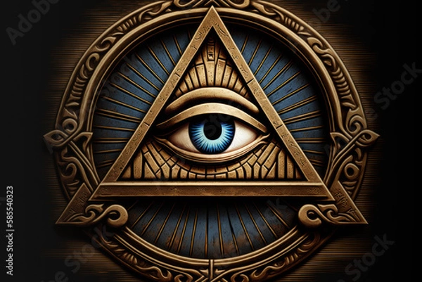 Fototapeta Gold All Seeing Eye inside triangle pyramid, sacred geometry, Masonic symbol. AI Generated