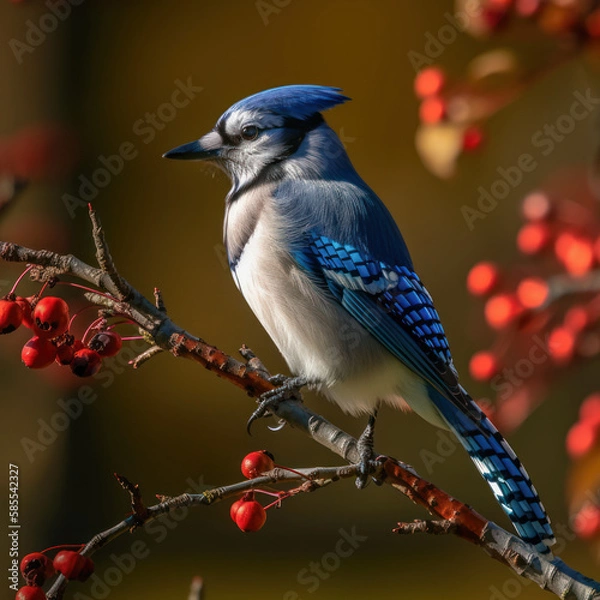 Fototapeta Blue Jay Bird Perched on a Red Berry Branch-Wildlife-Generative AI