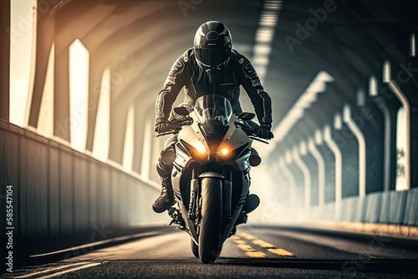 Fototapeta A biker enjoys a fast motorcycle ride in street conditions. AI generative