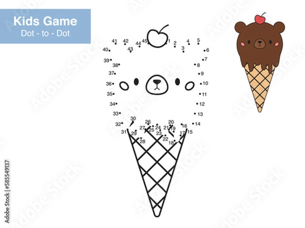 Fototapeta Number puzzle game. Dot to dot. Cute kawaii Ice cream in the shape of a bear. Cartoon food. Educational worksheet. Printable activity page for kids. Connect the dots and color. Coloring book.