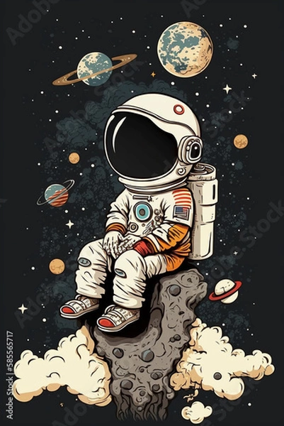 Fototapeta Cute little astronaut sitting in space. Generative Ai