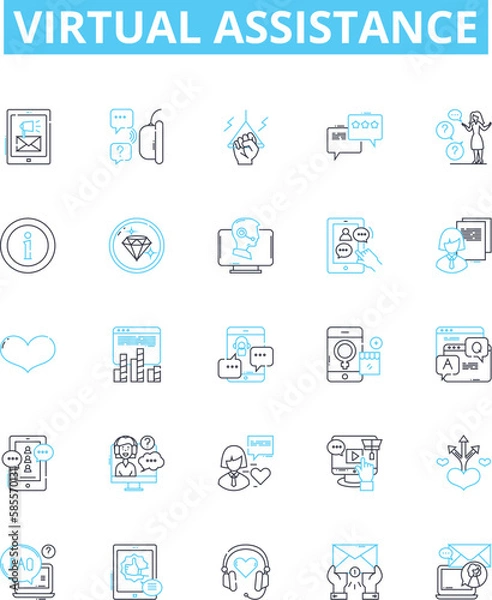 Fototapeta Virtual assistance vector line icons set. Virtual, Assistance, AI, Chatbot, Automation, Helper, Robot illustration outline concept symbols and signs