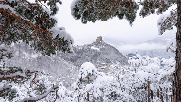 Obraz Image of the Ancient/ Abbey of San Michele built on Mount Pirchiriano located at the entrance of the Susa Valley, around the years between 983 and 987 A.D. with an abundant snowfall