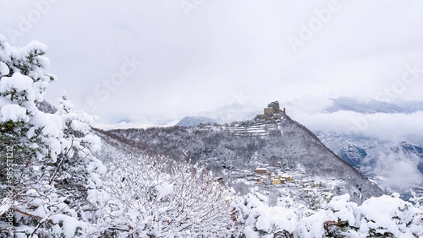 Obraz Image of the Ancient/ Abbey of San Michele built on Mount Pirchiriano located at the entrance of the Susa Valley, around the years between 983 and 987 A.D. with an abundant snowfall
