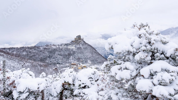 Obraz Image of the Ancient/ Abbey of San Michele built on Mount Pirchiriano located at the entrance of the Susa Valley, around the years between 983 and 987 A.D. with an abundant snowfall