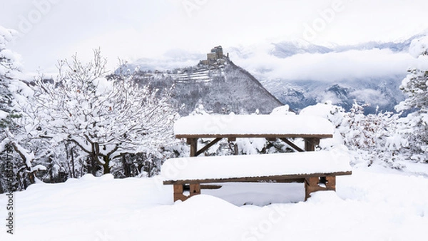 Obraz Image of the Ancient/ Abbey of San Michele built on Mount Pirchiriano located at the entrance of the Susa Valley, around the years between 983 and 987 A.D. with an abundant snowfall