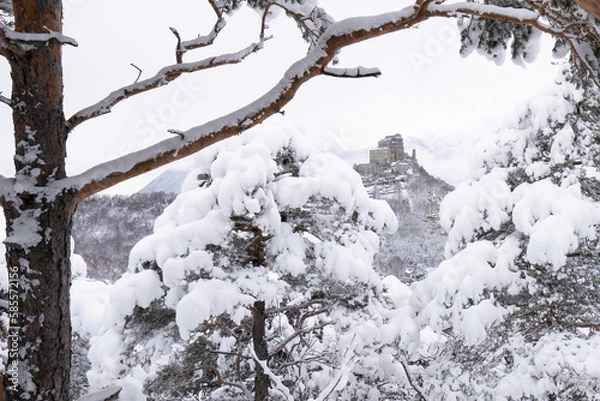 Obraz Image of the Ancient/ Abbey of San Michele built on Mount Pirchiriano located at the entrance of the Susa Valley, around the years between 983 and 987 A.D. with an abundant snowfall