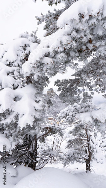 Obraz Image of the Ancient/ Abbey of San Michele built on Mount Pirchiriano located at the entrance of the Susa Valley, around the years between 983 and 987 A.D. with an abundant snowfall