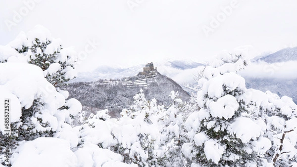 Obraz Image of the Ancient/ Abbey of San Michele built on Mount Pirchiriano located at the entrance of the Susa Valley, around the years between 983 and 987 A.D. with an abundant snowfall