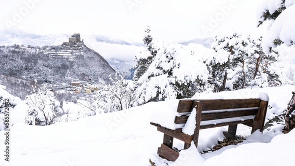 Obraz Image of the Ancient/ Abbey of San Michele built on Mount Pirchiriano located at the entrance of the Susa Valley, around the years between 983 and 987 A.D. with an abundant snowfall