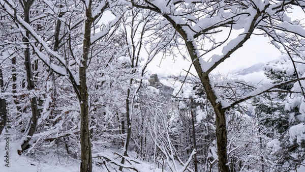 Obraz Image of the Ancient/ Abbey of San Michele built on Mount Pirchiriano located at the entrance of the Susa Valley, around the years between 983 and 987 A.D. with an abundant snowfall
